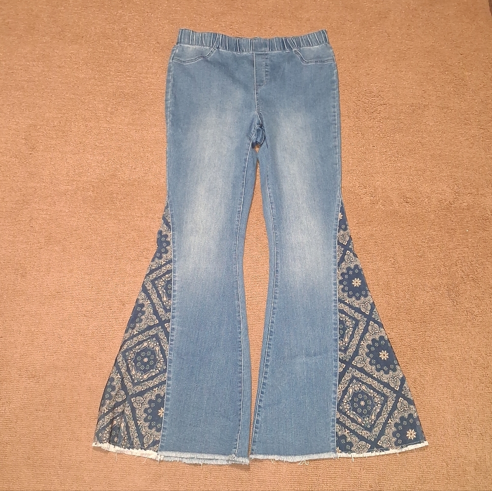 Versona Light Blue Flare Jeans with Patterned Insets